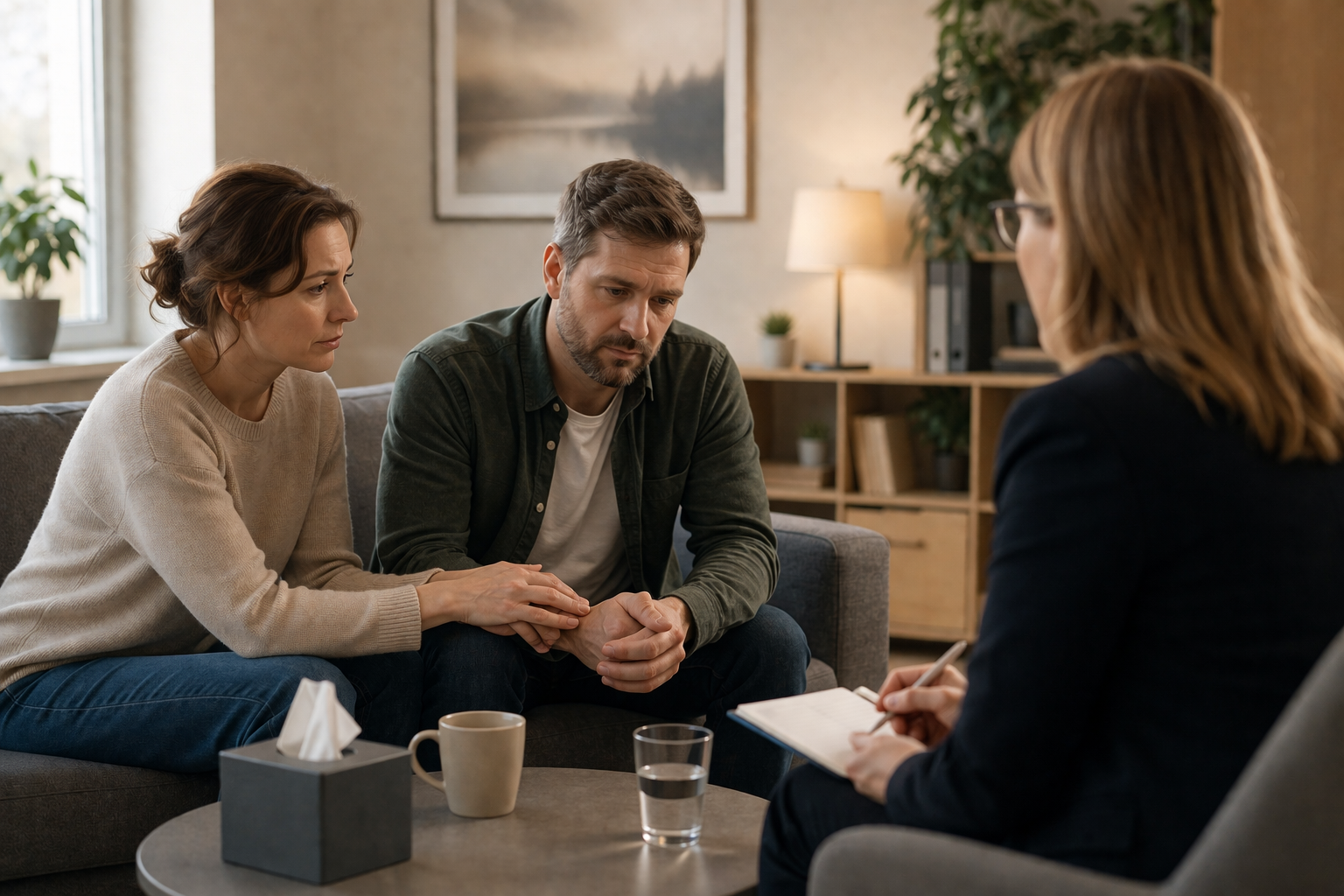 A mediator providing supportive guidance to a family during a session.